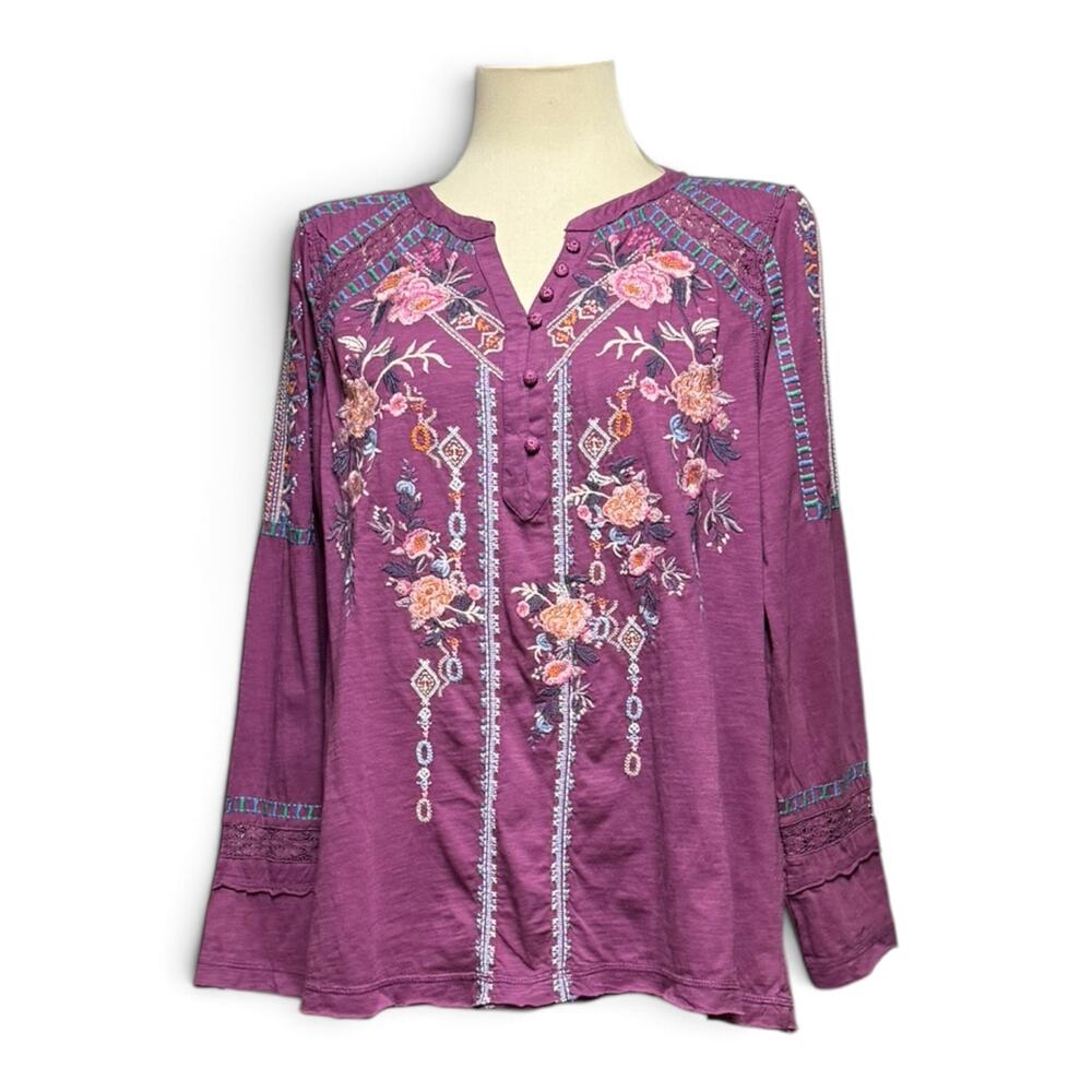 Sundance Cotton Embroidered Floral Tunic Top Purple Pink XL